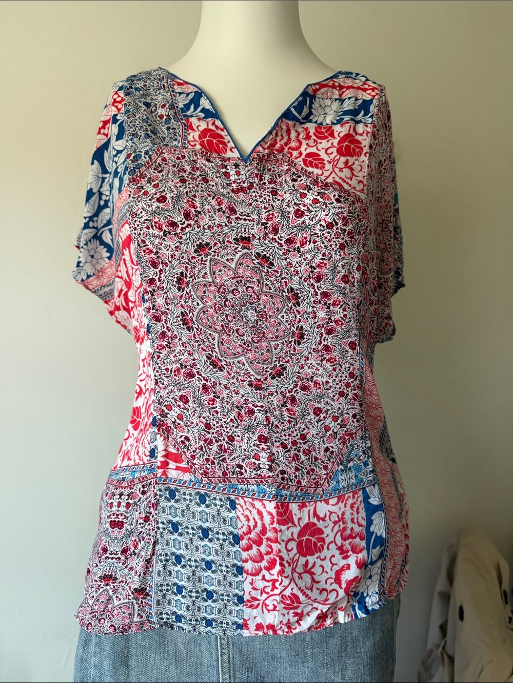 Boho Patchwork V-Neck Women's Top in Red, Blue & White